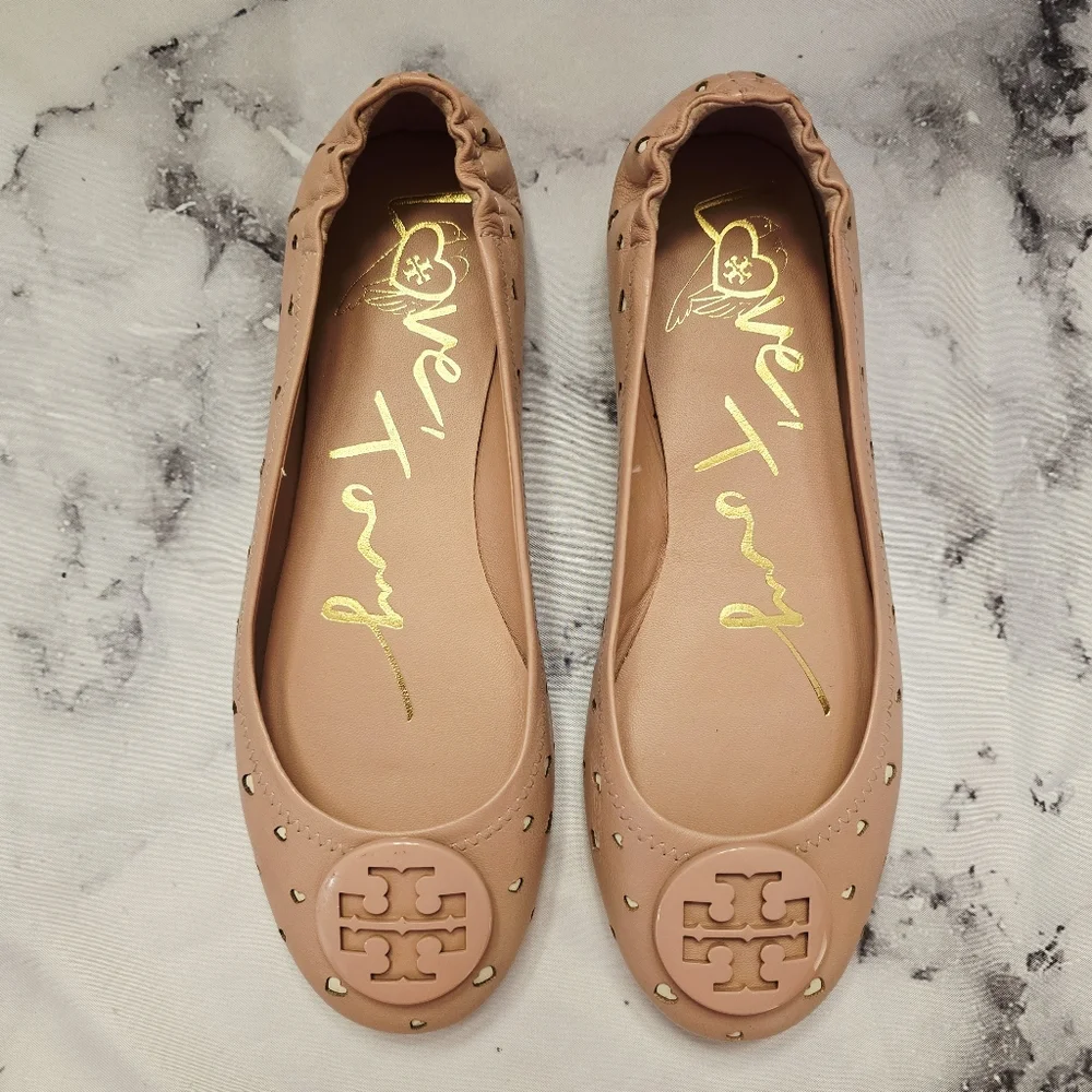 HTF Tory Burch Minnie Heart Cut-Out Ballet Flat Pink Moon Cream LIMITED EDITION